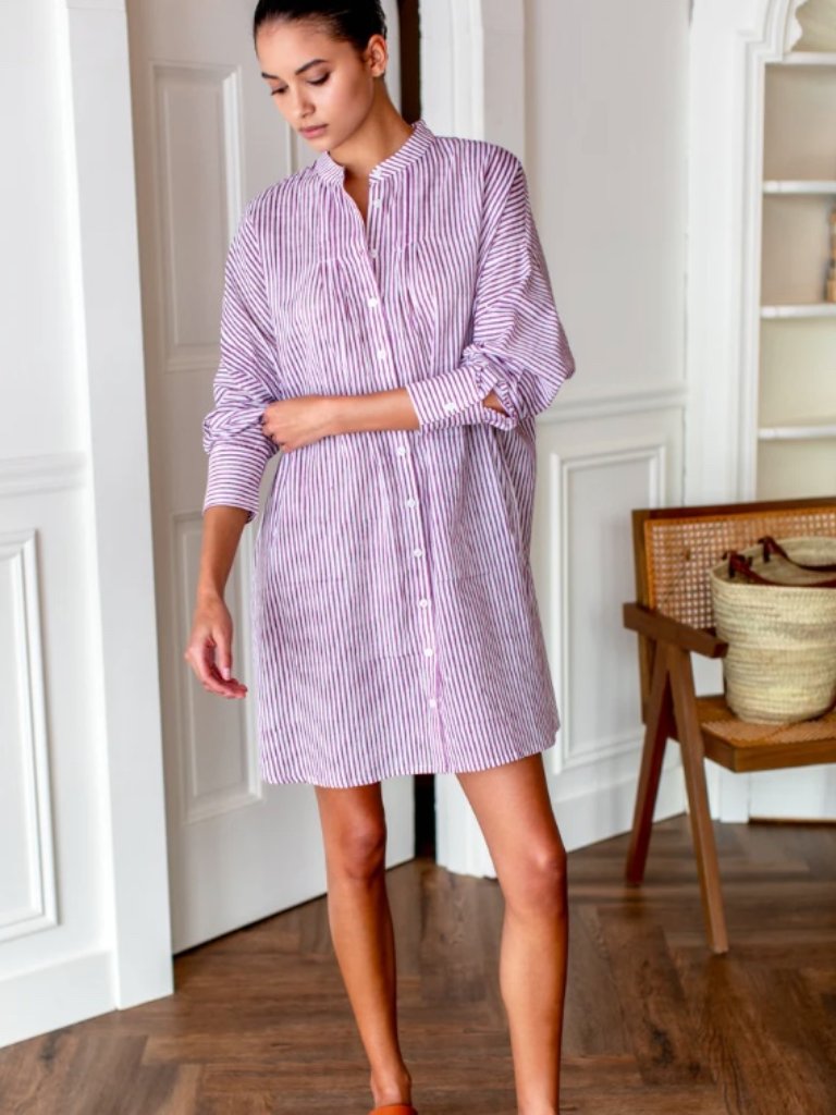 India Collection Emerson Fry Mandarin Collar Shirtdress - Crushed Berry Stripe